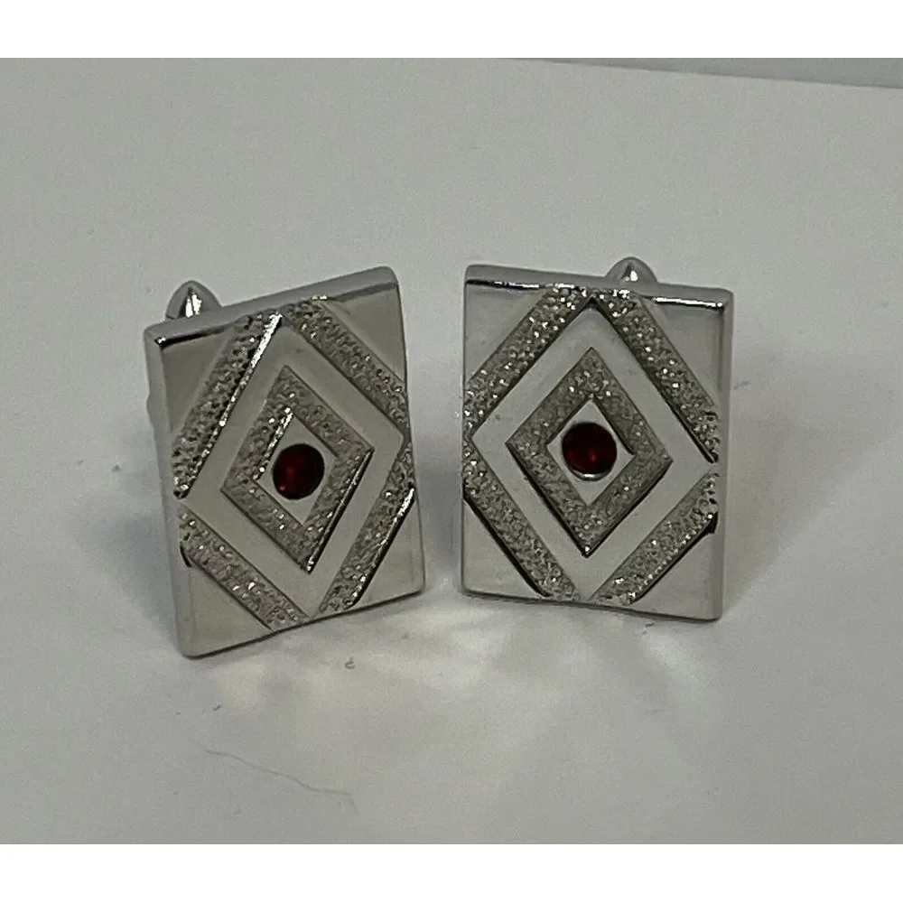 Vintage‎ Swank Silver Colored Red rhinestone Rectangle Cufflinks